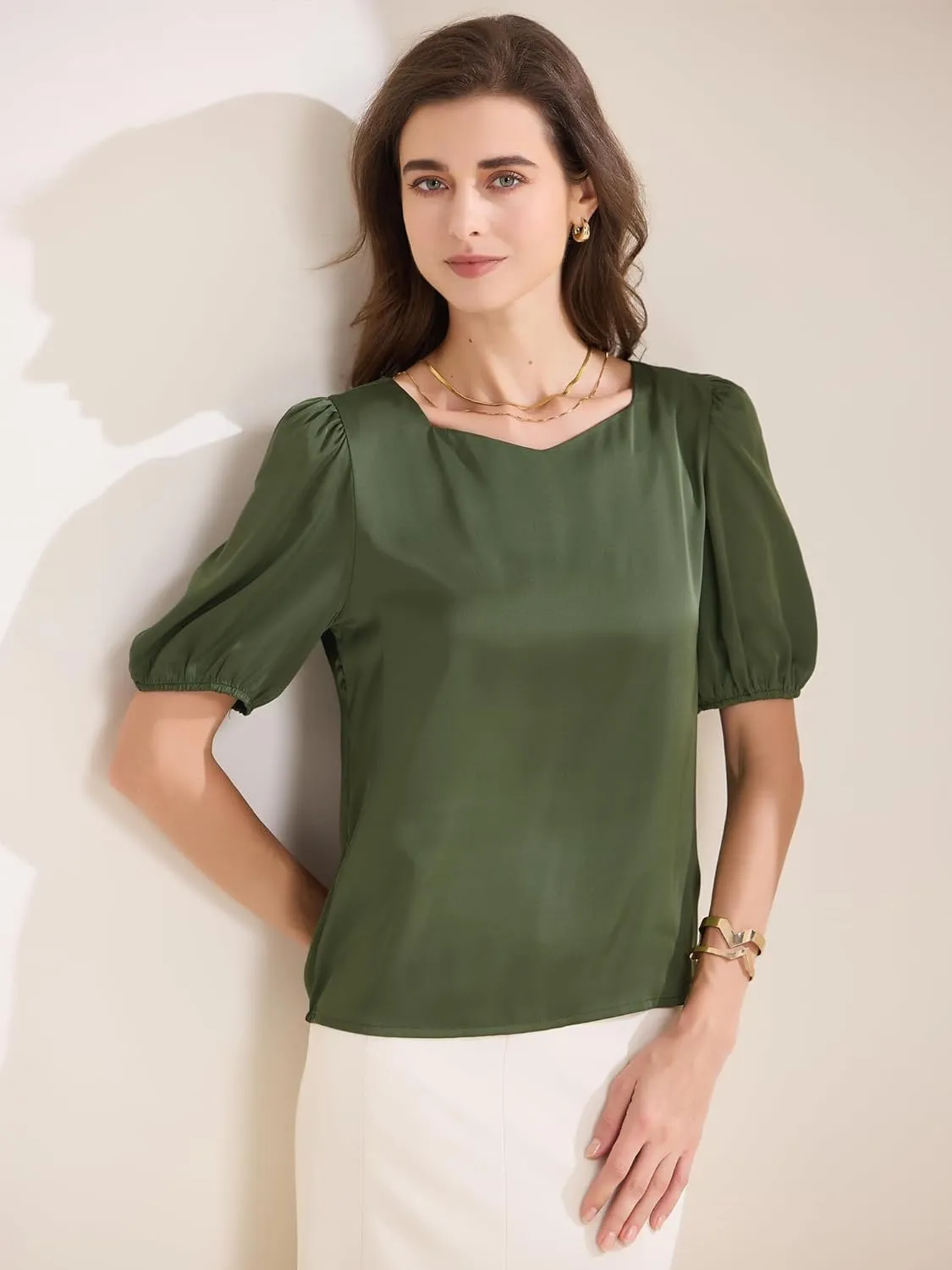 Allegra K Women's Elegant Sweetheart Neck Half Sleeve Office Work Satin Blouse Top