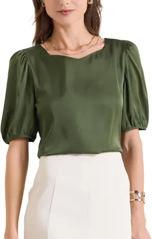 Allegra K Women's Elegant Sweetheart Neck Half Sleeve Office Work Satin Blouse Top