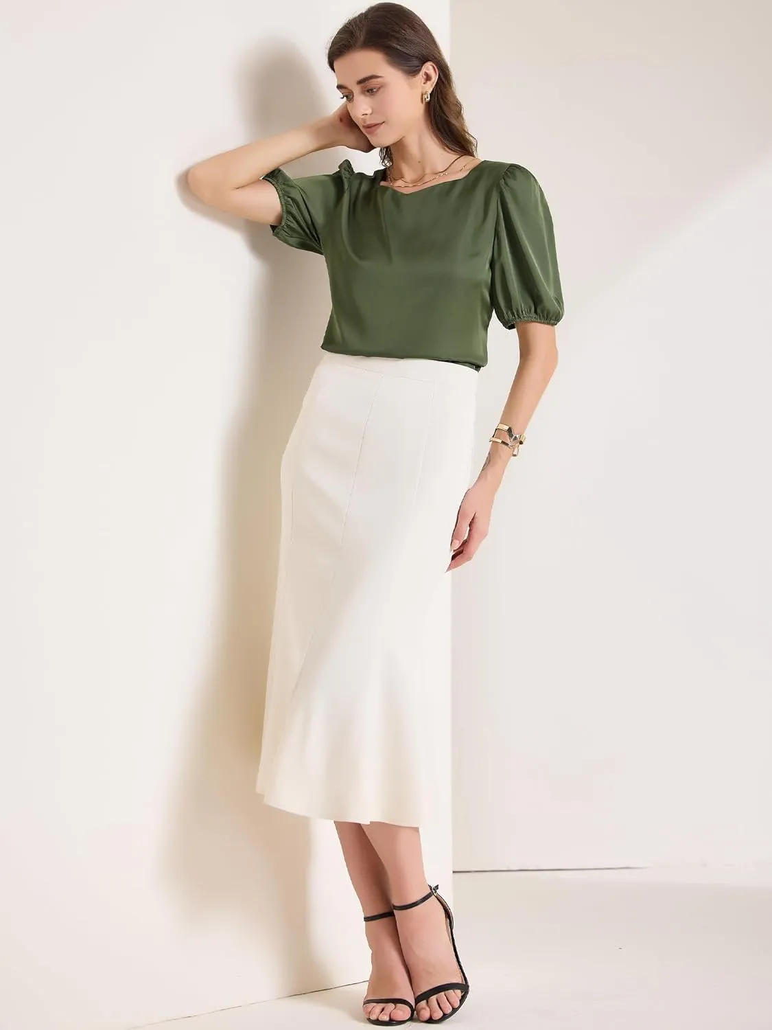 Allegra K Women's Elegant Sweetheart Neck Half Sleeve Office Work Satin Blouse Top