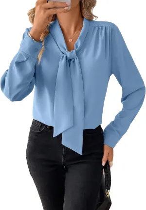 Astylish Women's Bow Tie Neck Long Sleeve Dressy Elegant Office Work Blouse Shirt Tops