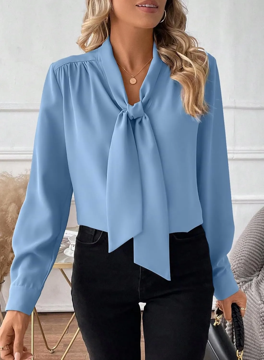 Astylish Women's Bow Tie Neck Long Sleeve Dressy Elegant Office Work Blouse Shirt Tops