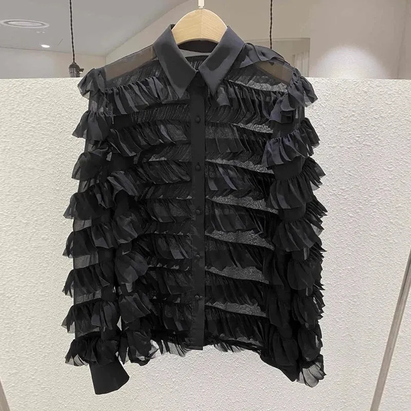 Casual Khaki Button Through Blouse Female Lapel Bishop Long Sleeve Loose Patchwork Shirts For Women Spring
