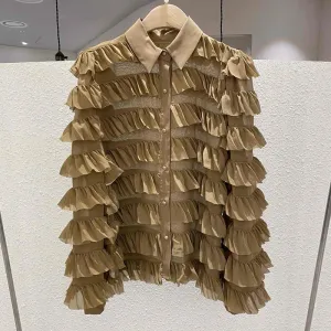 Casual Khaki Button Through Blouse Female Lapel Bishop Long Sleeve Loose Patchwork Shirts For Women Spring