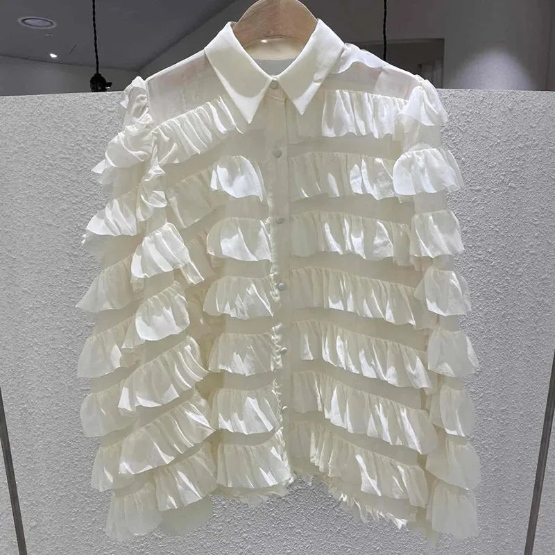 Casual Khaki Button Through Blouse Female Lapel Bishop Long Sleeve Loose Patchwork Shirts For Women Spring