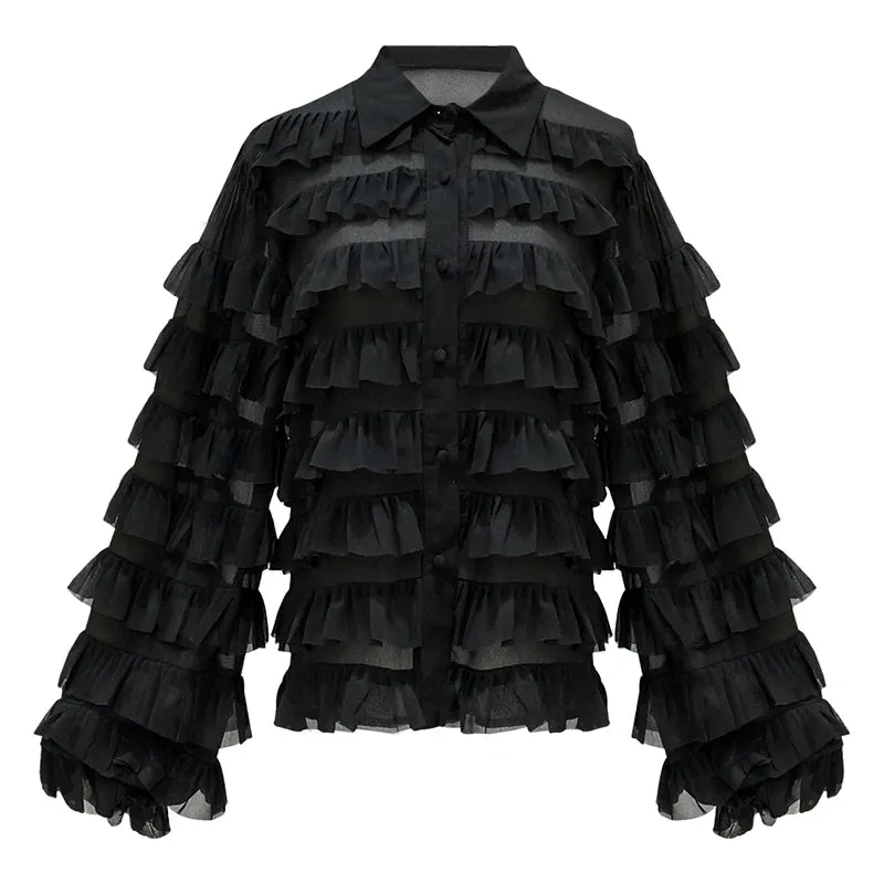 Casual Khaki Button Through Blouse Female Lapel Bishop Long Sleeve Loose Patchwork Shirts For Women Spring