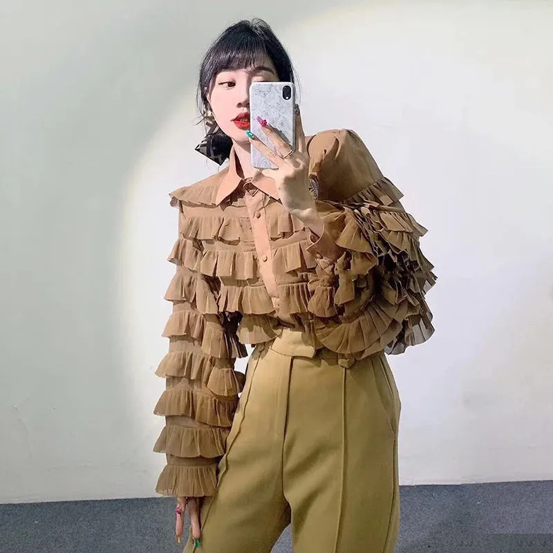 Casual Khaki Button Through Blouse Female Lapel Bishop Long Sleeve Loose Patchwork Shirts For Women Spring