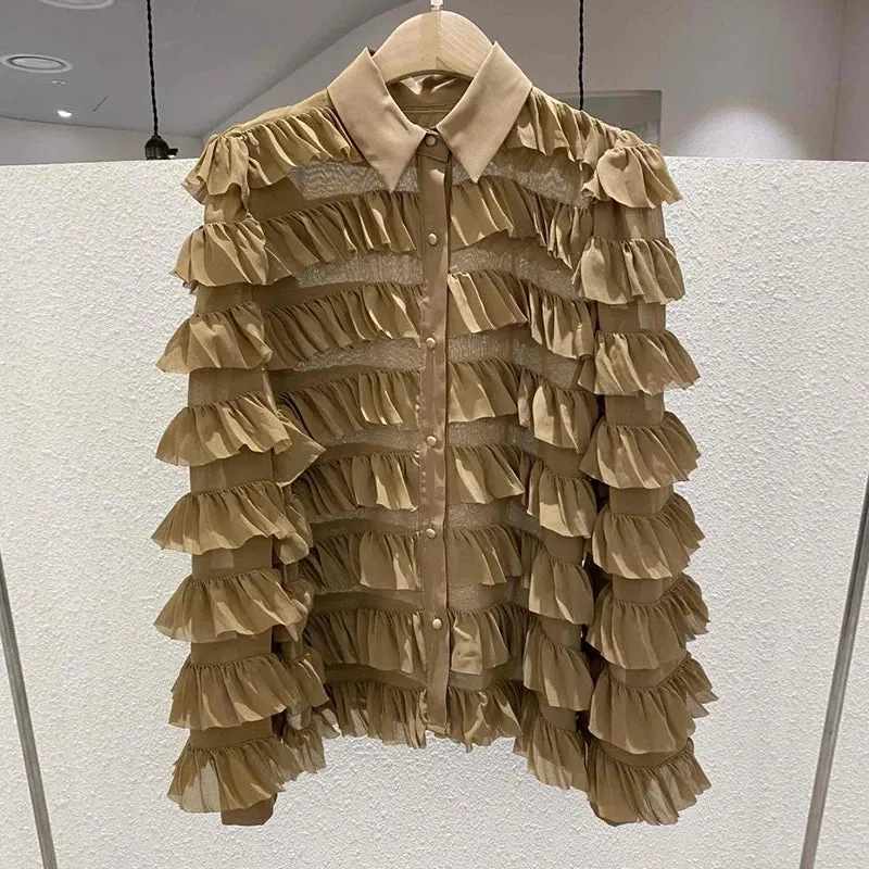 Casual Khaki Button Through Blouse Female Lapel Bishop Long Sleeve Loose Patchwork Shirts For Women Spring
