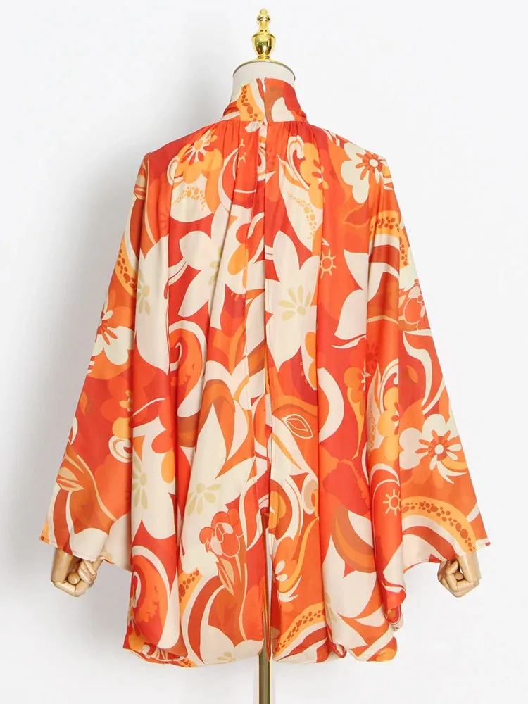 Casual Print Colorblock Shirt For Women V Neck Long Sleeve Loose Blouses Female Fashion Clothing Style