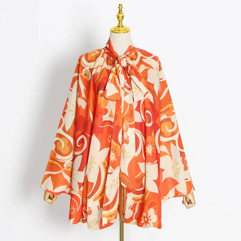 Casual Print Colorblock Shirt For Women V Neck Long Sleeve Loose Blouses Female Fashion Clothing Style
