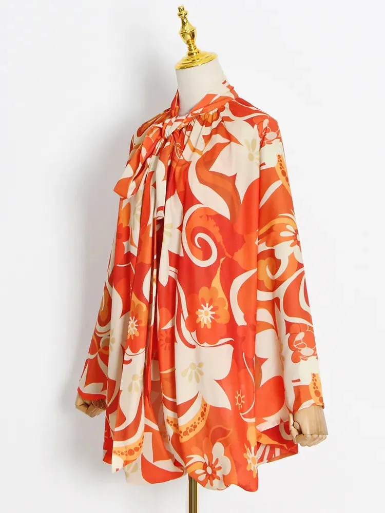 Casual Print Colorblock Shirt For Women V Neck Long Sleeve Loose Blouses Female Fashion Clothing Style