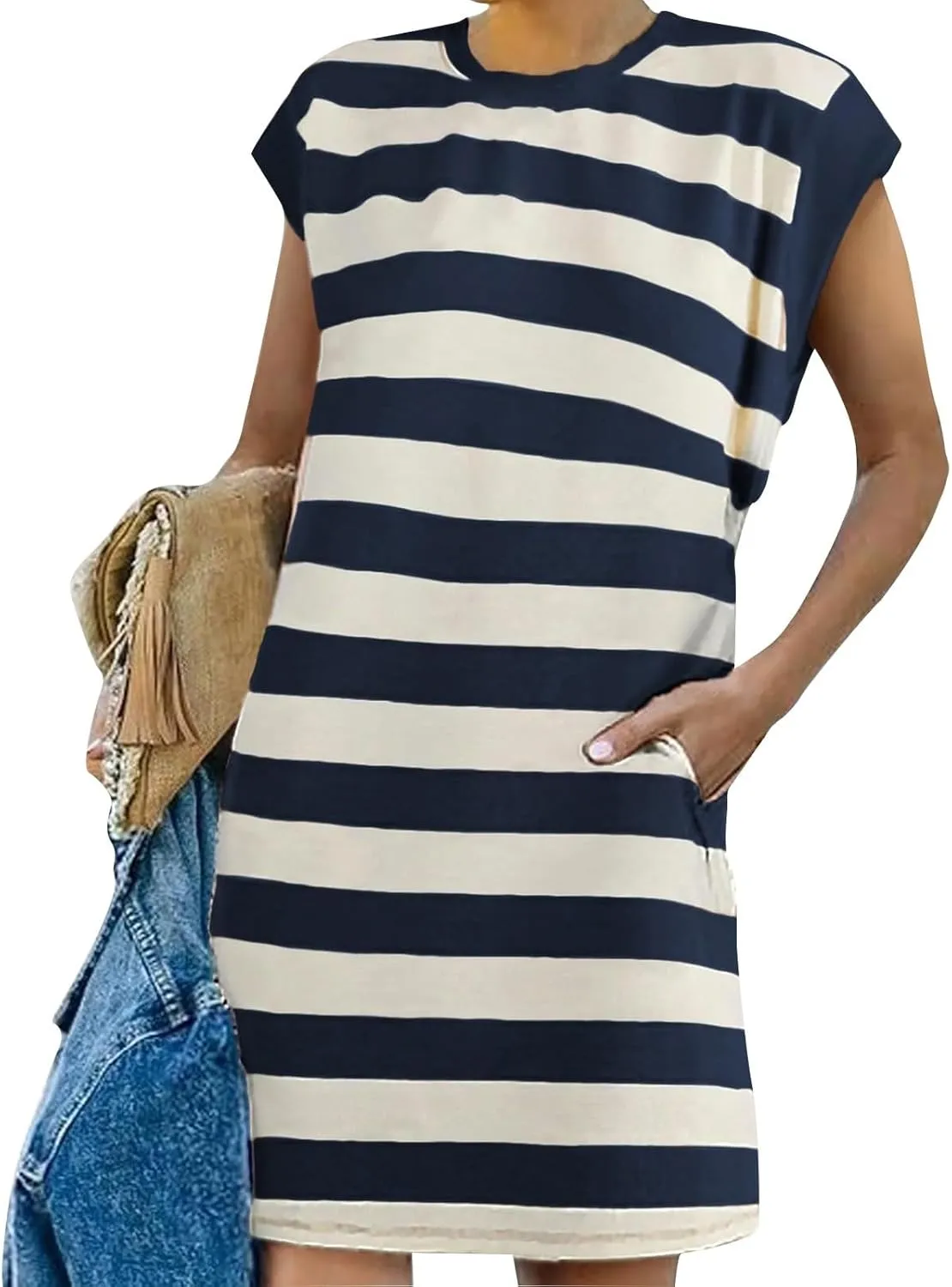 Casual Summer Dresses for Women 2025,Summer Striped Tshirt Short Dress Loose Cap Sleeves Round Neck Tshirt Beach Dresses