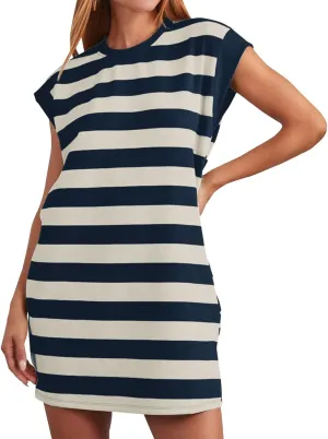 Casual Summer Dresses for Women 2025,Summer Striped Tshirt Short Dress Loose Cap Sleeves Round Neck Tshirt Beach Dresses