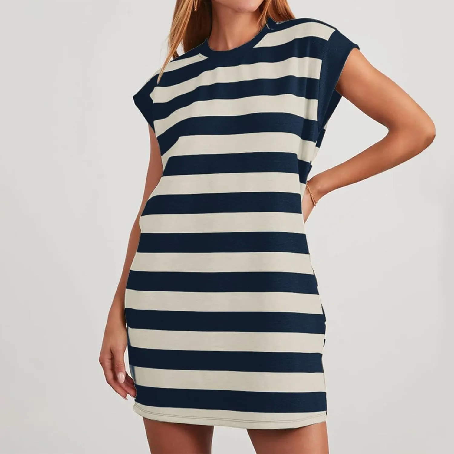Casual Summer Dresses for Women 2025,Summer Striped Tshirt Short Dress Loose Cap Sleeves Round Neck Tshirt Beach Dresses