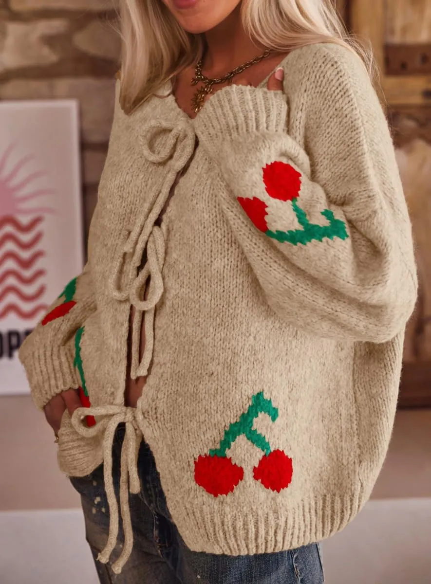 chouyatou Women's Cute Y2K Cherry Tie Knot Cardigan Casual Loose Crewneck Chunky Knit Sweater Cardigan