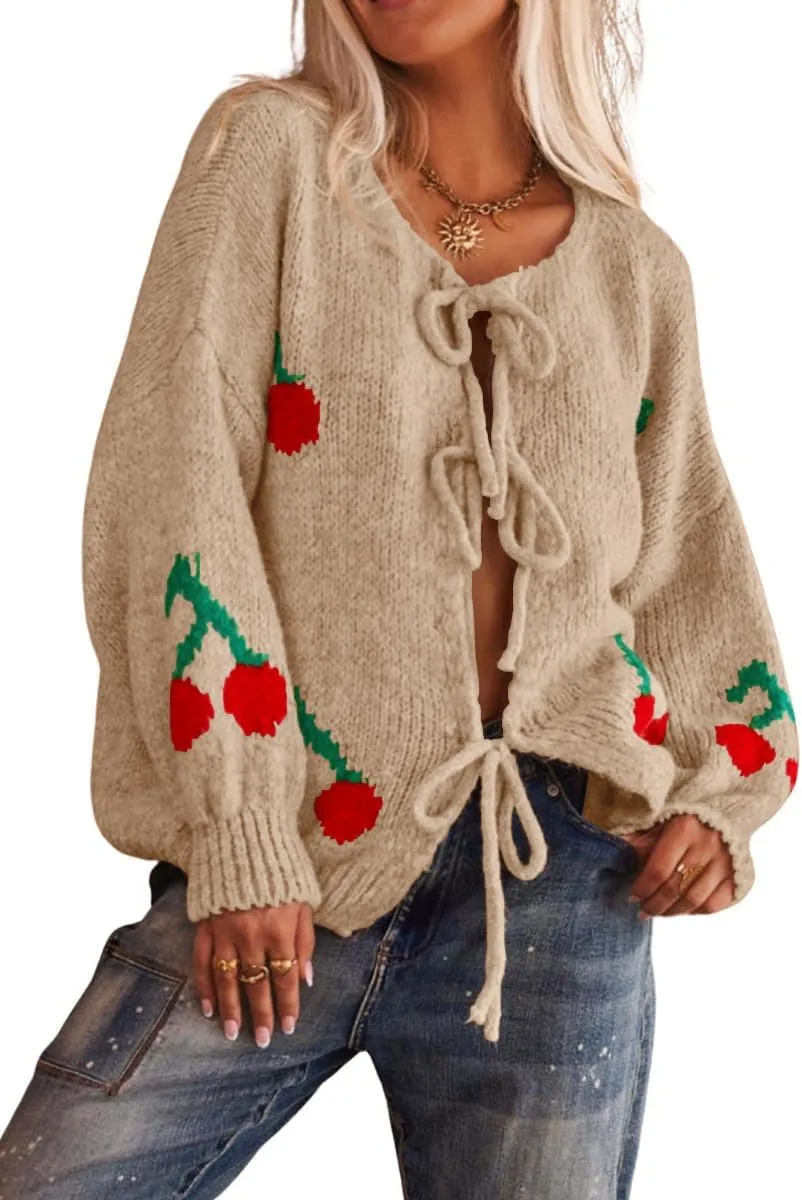 chouyatou Women's Cute Y2K Cherry Tie Knot Cardigan Casual Loose Crewneck Chunky Knit Sweater Cardigan