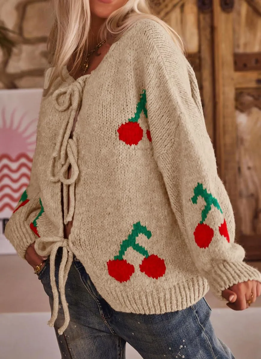 chouyatou Women's Cute Y2K Cherry Tie Knot Cardigan Casual Loose Crewneck Chunky Knit Sweater Cardigan