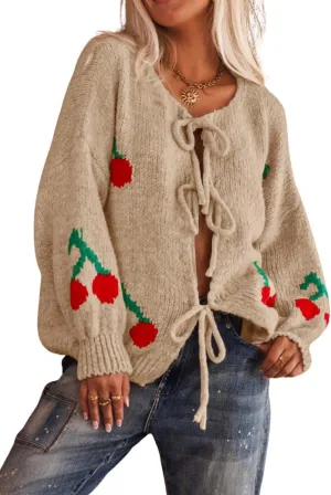 chouyatou Women's Cute Y2K Cherry Tie Knot Cardigan Casual Loose Crewneck Chunky Knit Sweater Cardigan