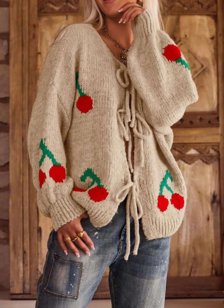 chouyatou Women's Cute Y2K Cherry Tie Knot Cardigan Casual Loose Crewneck Chunky Knit Sweater Cardigan