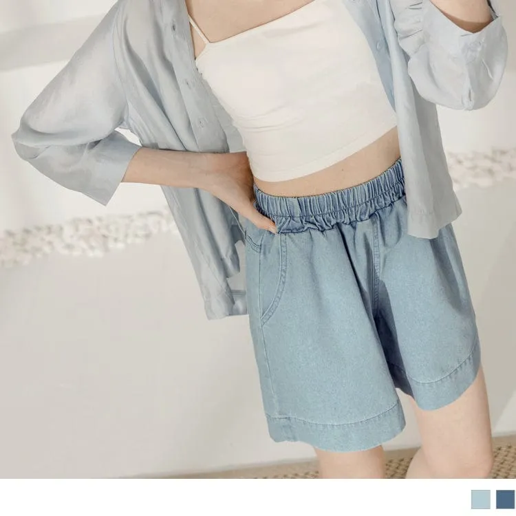 COTTON DENIM ELASTIC WAIST WASHED SHORTS