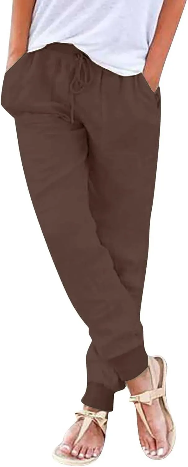 Cotton Joggers for Women Elastic Waist Lightweight Tapered Leg Sweatpants with Pockets Summer Casual Vacation Clothes
