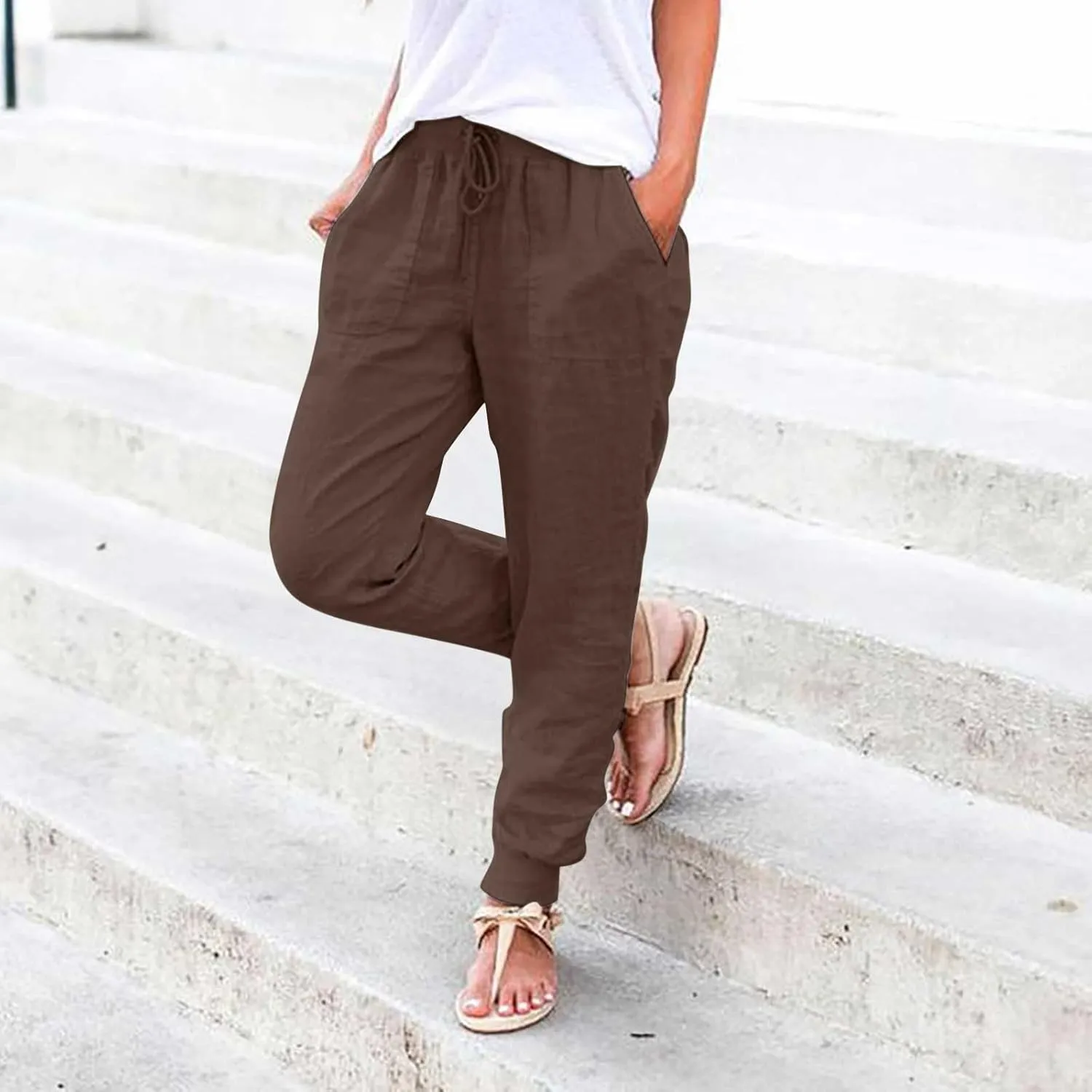 Cotton Joggers for Women Elastic Waist Lightweight Tapered Leg Sweatpants with Pockets Summer Casual Vacation Clothes