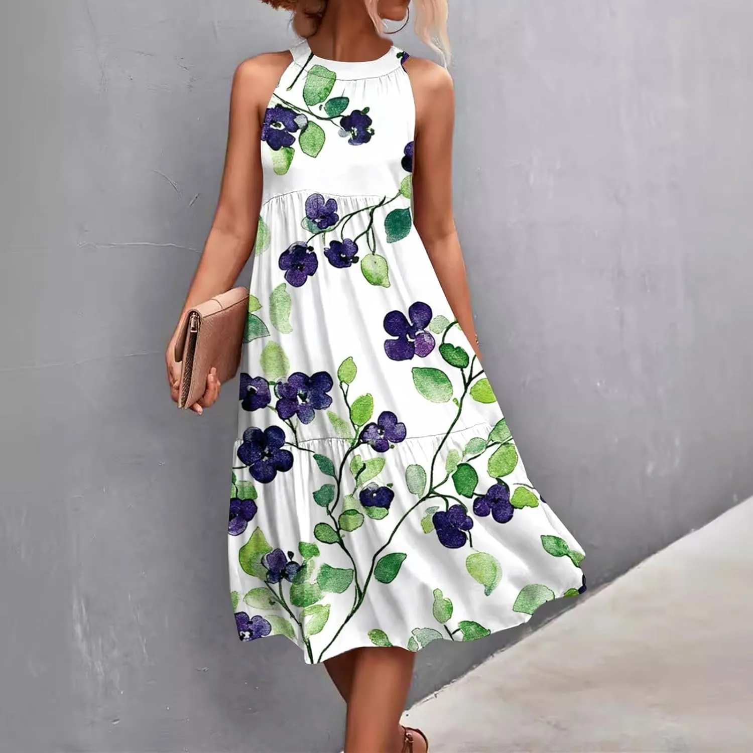 Dresses for Women 2025 Sleeveless Floral Print Tank Dresses Hanging Neck Splicing Midi Dresses Loose Sundresses