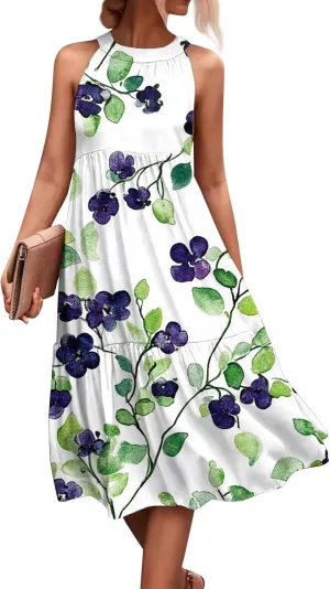 Dresses for Women 2025 Sleeveless Floral Print Tank Dresses Hanging Neck Splicing Midi Dresses Loose Sundresses