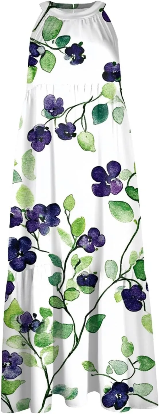 Dresses for Women 2025 Sleeveless Floral Print Tank Dresses Hanging Neck Splicing Midi Dresses Loose Sundresses