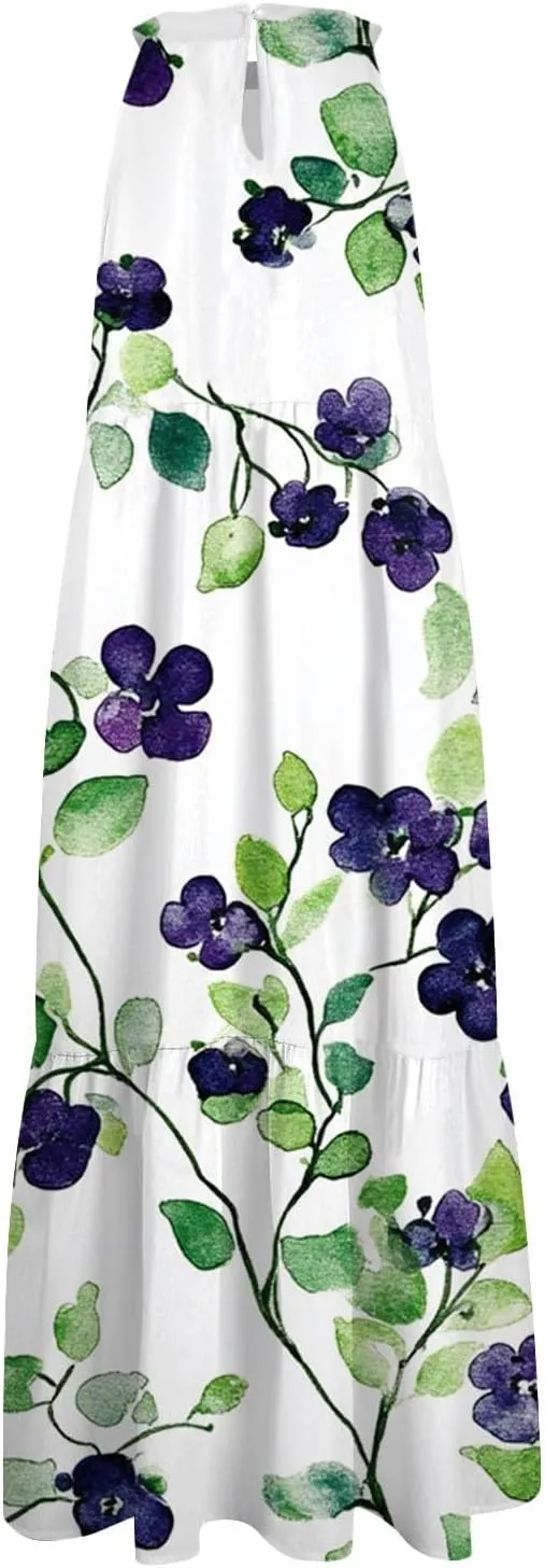 Dresses for Women 2025 Sleeveless Floral Print Tank Dresses Hanging Neck Splicing Midi Dresses Loose Sundresses