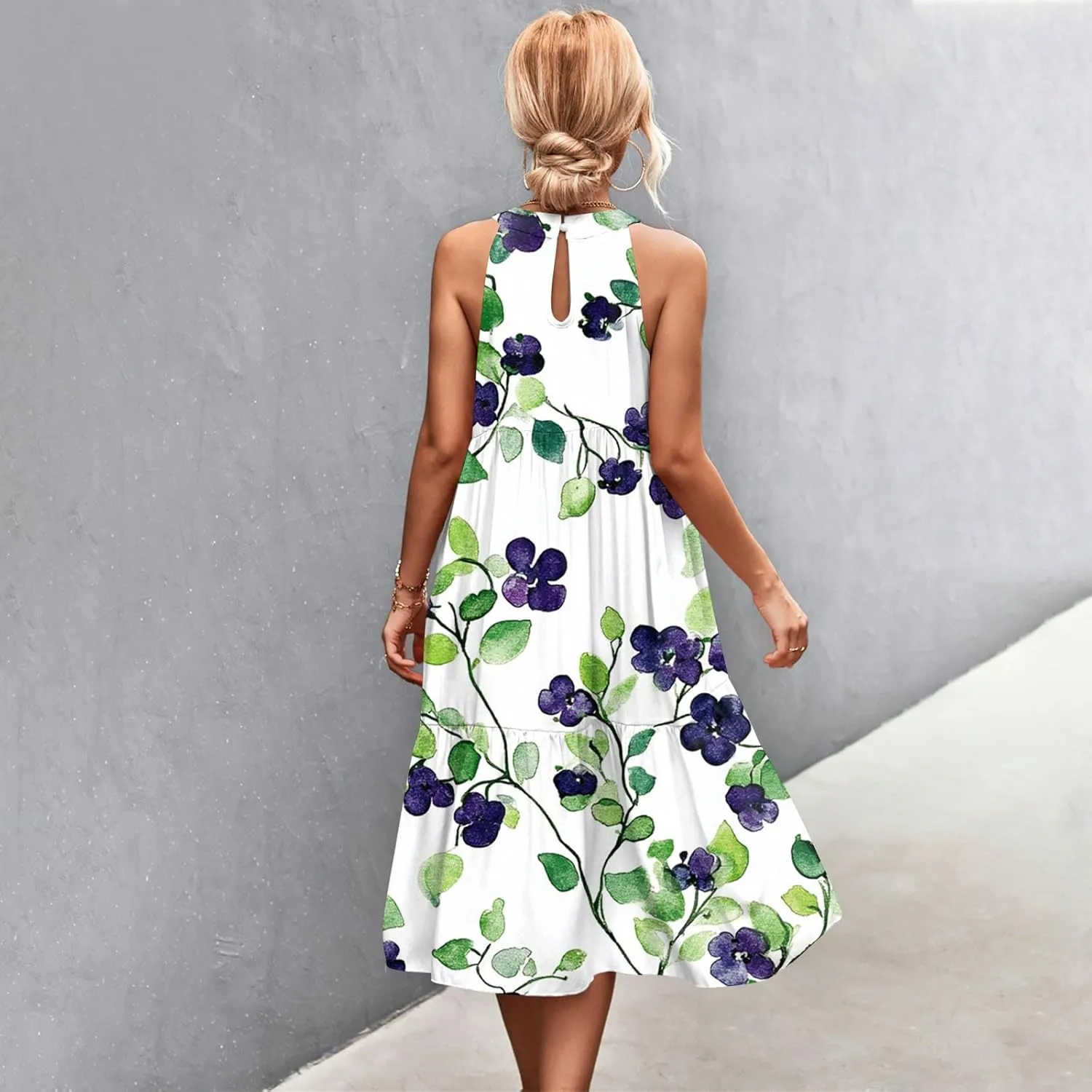 Dresses for Women 2025 Sleeveless Floral Print Tank Dresses Hanging Neck Splicing Midi Dresses Loose Sundresses