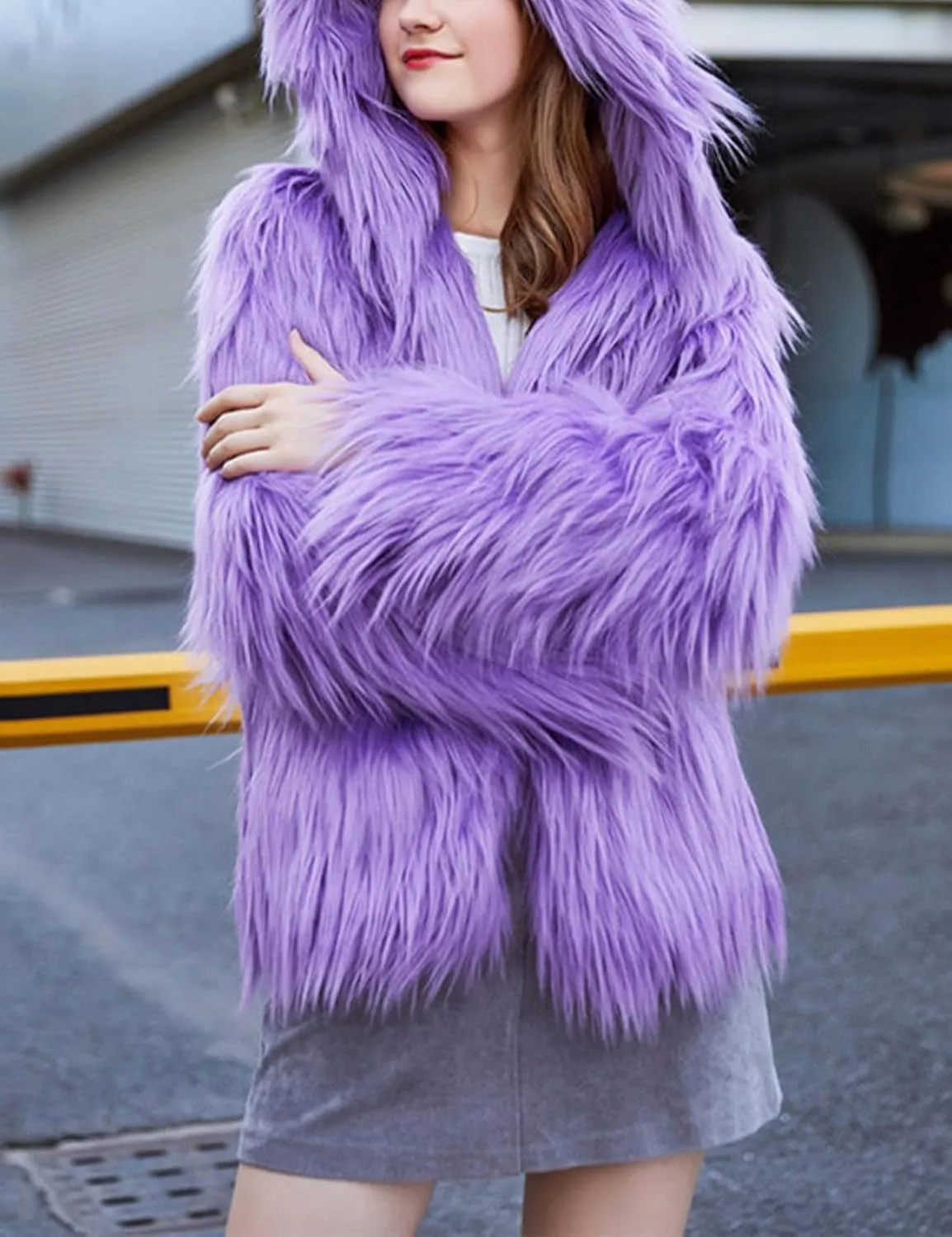 Gihuo Women' s Faux Fur Coat Open Front Long Sleeve Hooded Furry Jacket Warm Outerwear Shaggy Jackets