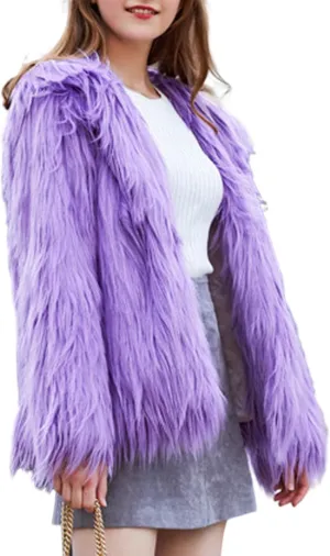 Gihuo Women' s Faux Fur Coat Open Front Long Sleeve Hooded Furry Jacket Warm Outerwear Shaggy Jackets