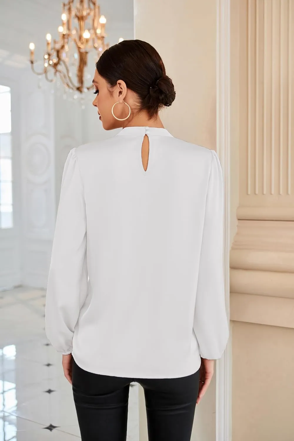 GRACE KARIN Women's Long Sleeve Shirts Mock Neck Casual Satin Blouse Tops for Business Office Work