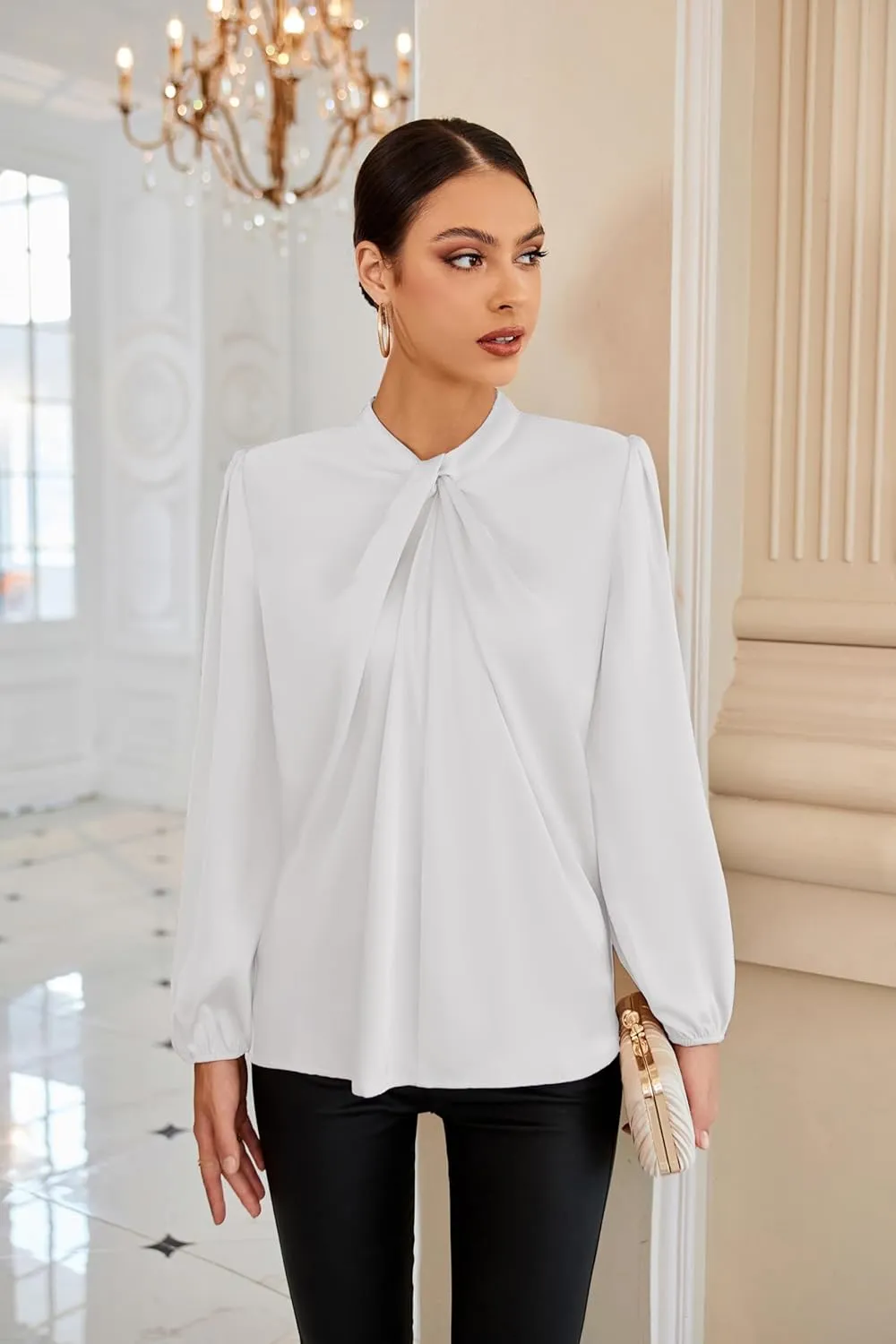 GRACE KARIN Women's Long Sleeve Shirts Mock Neck Casual Satin Blouse Tops for Business Office Work