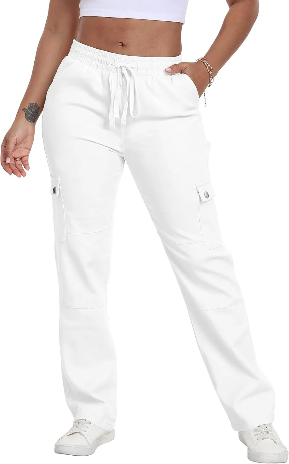 HVEPUO Womens Pants Casual Straight Leg Cargo Pants High Waisted Jeans for Women with Pockets