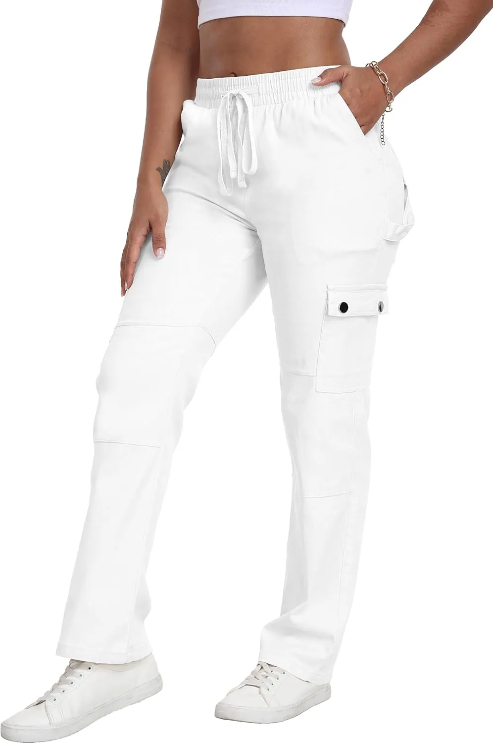 HVEPUO Womens Pants Casual Straight Leg Cargo Pants High Waisted Jeans for Women with Pockets