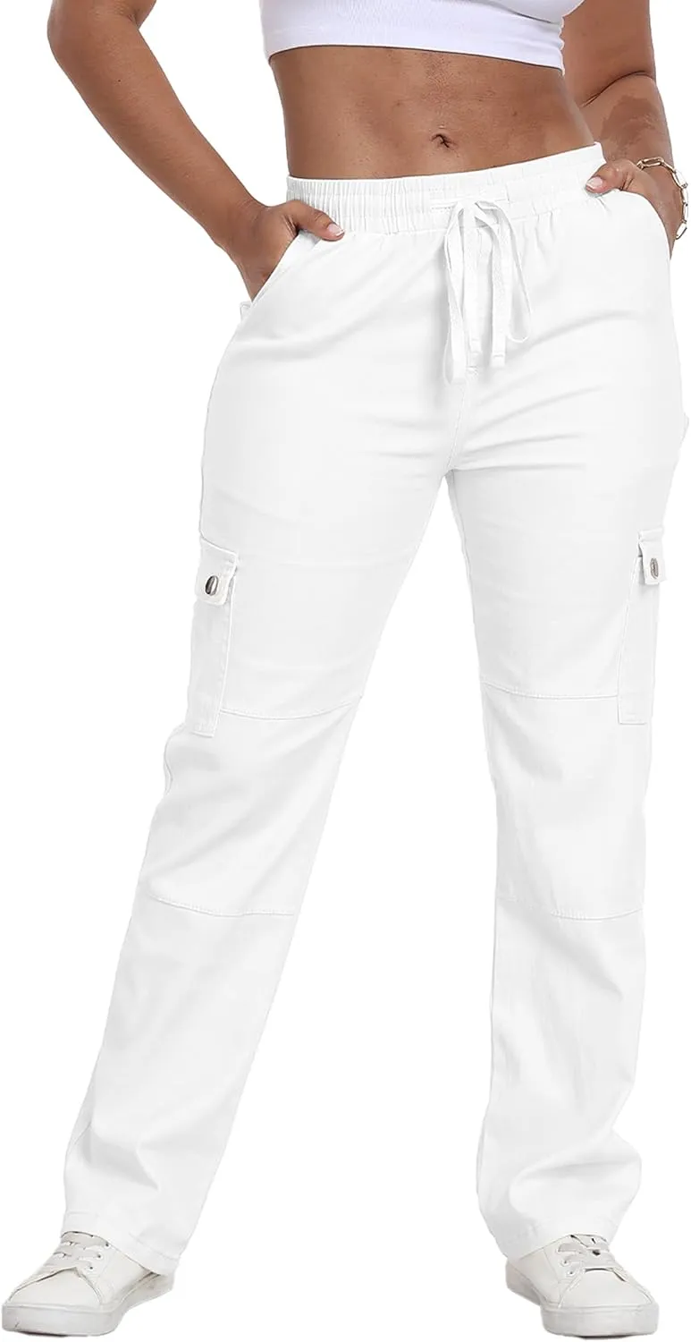 HVEPUO Womens Pants Casual Straight Leg Cargo Pants High Waisted Jeans for Women with Pockets