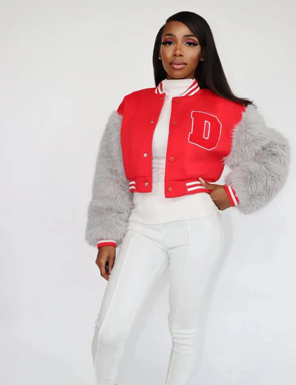 KANSOON Varsity Jacket Women Faux Fur Sleeve Cropped Baseball Jacket Button Up Casual Patchwork Letterman Coat
