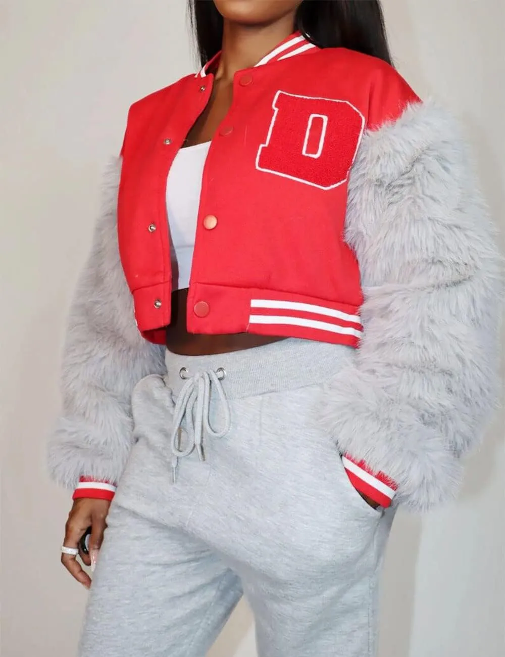 KANSOON Varsity Jacket Women Faux Fur Sleeve Cropped Baseball Jacket Button Up Casual Patchwork Letterman Coat
