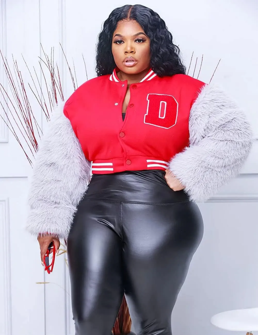 KANSOON Varsity Jacket Women Faux Fur Sleeve Cropped Baseball Jacket Button Up Casual Patchwork Letterman Coat
