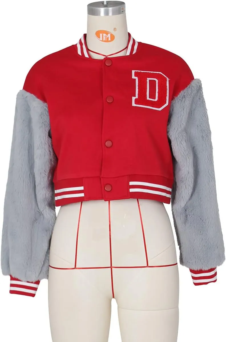 KANSOON Varsity Jacket Women Faux Fur Sleeve Cropped Baseball Jacket Button Up Casual Patchwork Letterman Coat