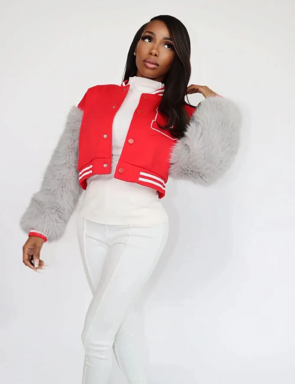 KANSOON Varsity Jacket Women Faux Fur Sleeve Cropped Baseball Jacket Button Up Casual Patchwork Letterman Coat
