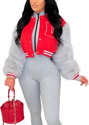 KANSOON Varsity Jacket Women Faux Fur Sleeve Cropped Baseball Jacket Button Up Casual Patchwork Letterman Coat