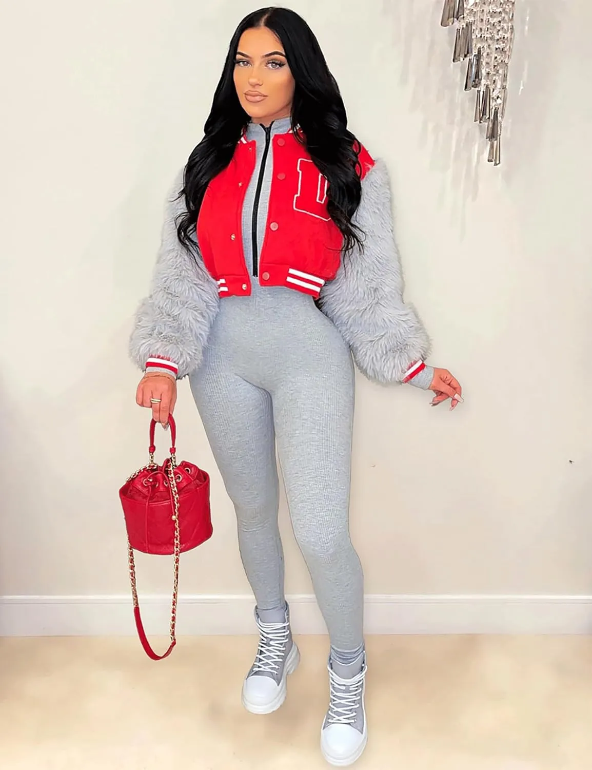 KANSOON Varsity Jacket Women Faux Fur Sleeve Cropped Baseball Jacket Button Up Casual Patchwork Letterman Coat