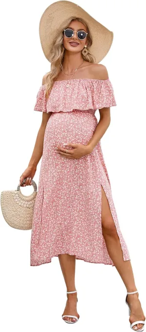 Maternity Dress Women's Off Shoulder Split A Line Casual Maxi Dress Photography Dress for Babyshower