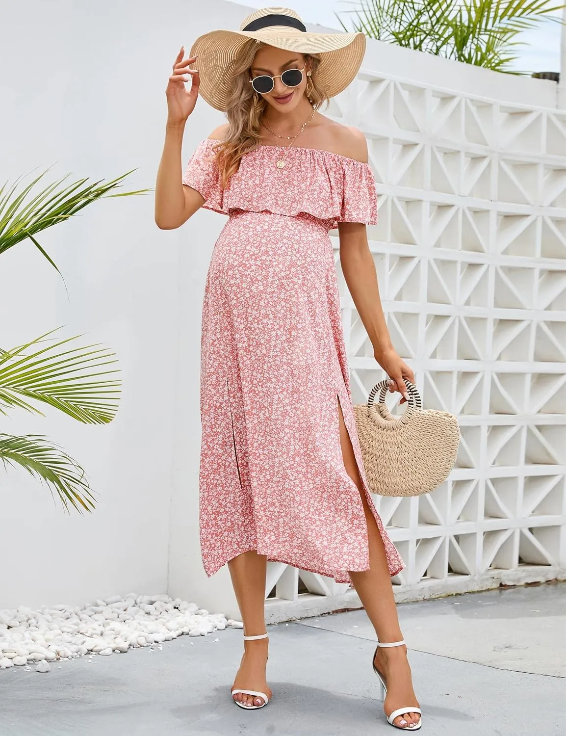 Maternity Dress Women's Off Shoulder Split A Line Casual Maxi Dress Photography Dress for Babyshower