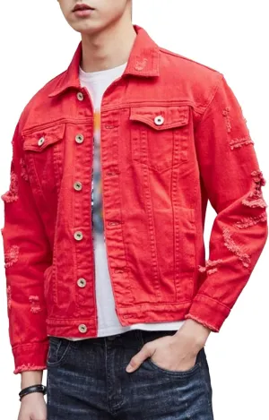 Men's Distressed Ripped Denim Jacket Casual Button Down Holes Trucker Jacket Regular Fit Cotton Biker Jean Coat