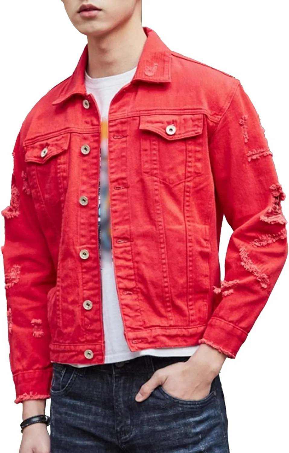Men's Distressed Ripped Denim Jacket Casual Button Down Holes Trucker Jacket Regular Fit Cotton Biker Jean Coat
