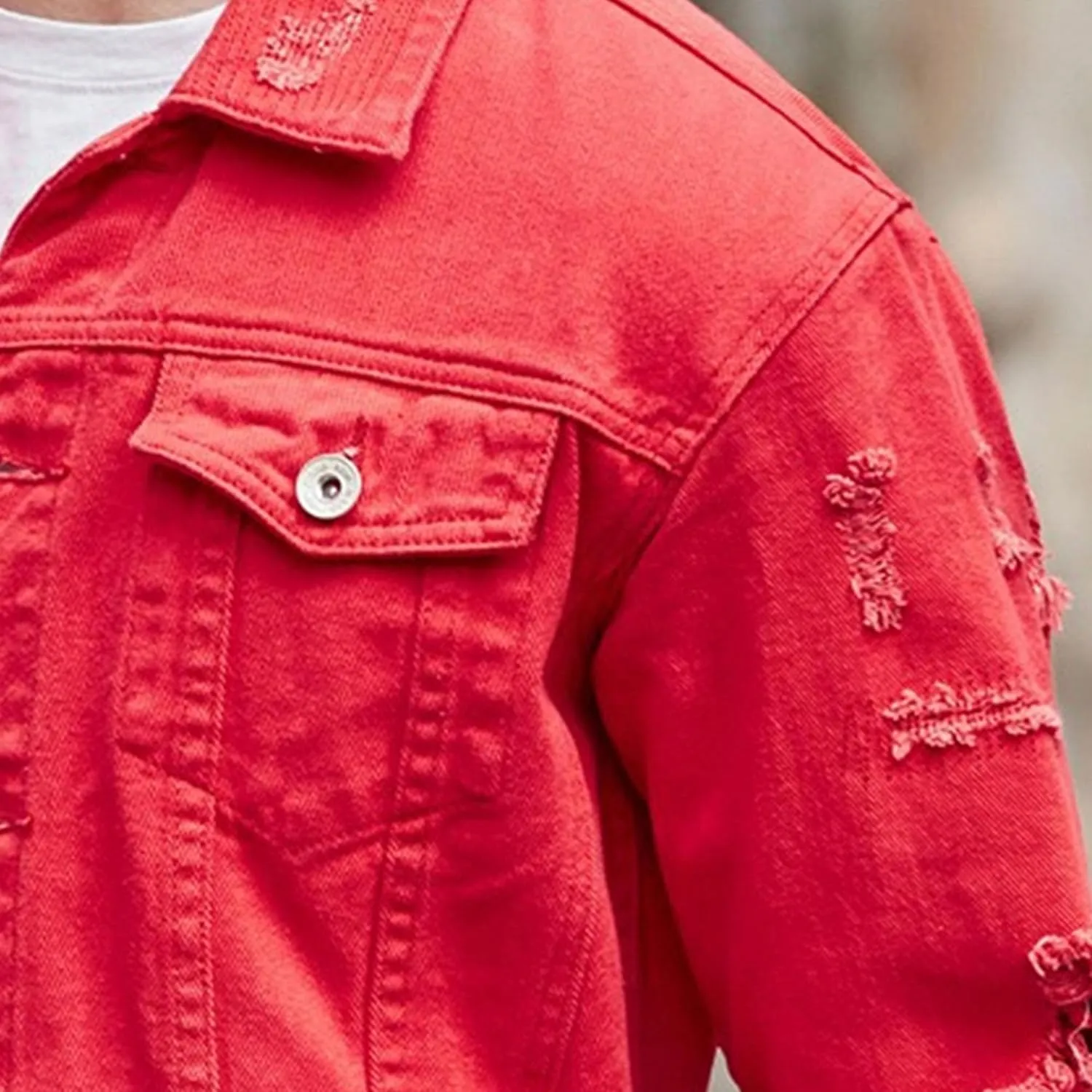 Men's Distressed Ripped Denim Jacket Casual Button Down Holes Trucker Jacket Regular Fit Cotton Biker Jean Coat