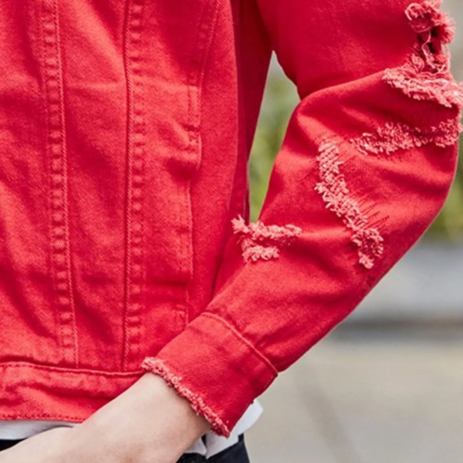 Men's Distressed Ripped Denim Jacket Casual Button Down Holes Trucker Jacket Regular Fit Cotton Biker Jean Coat